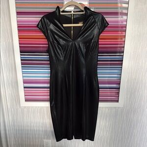 Black Faux-Leather Midi Dress with Cap Sleeves